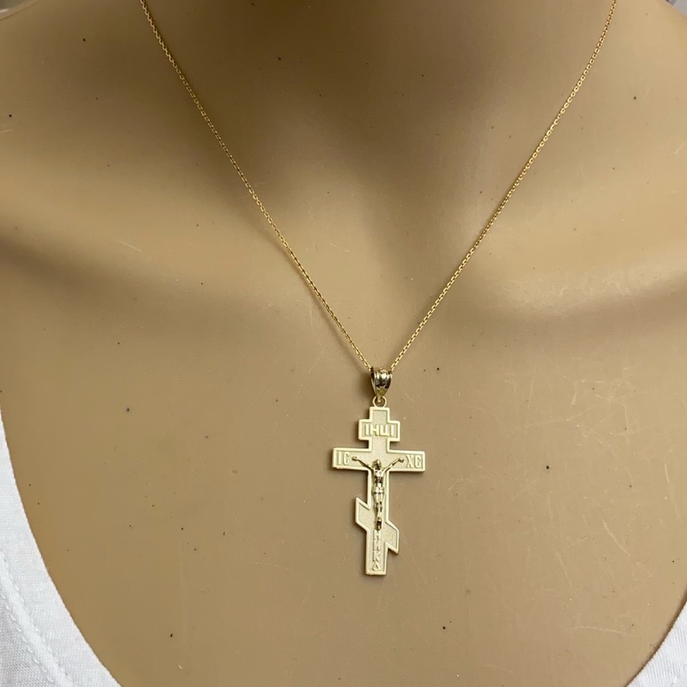 10K Solid Gold Jesus Orthodox Crucifix Russian Cross Pendant Necklace